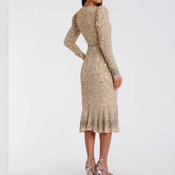 Mac duggal Beige Sequin Dress with Embellished Hemline and Belt - Picture 4 of 4